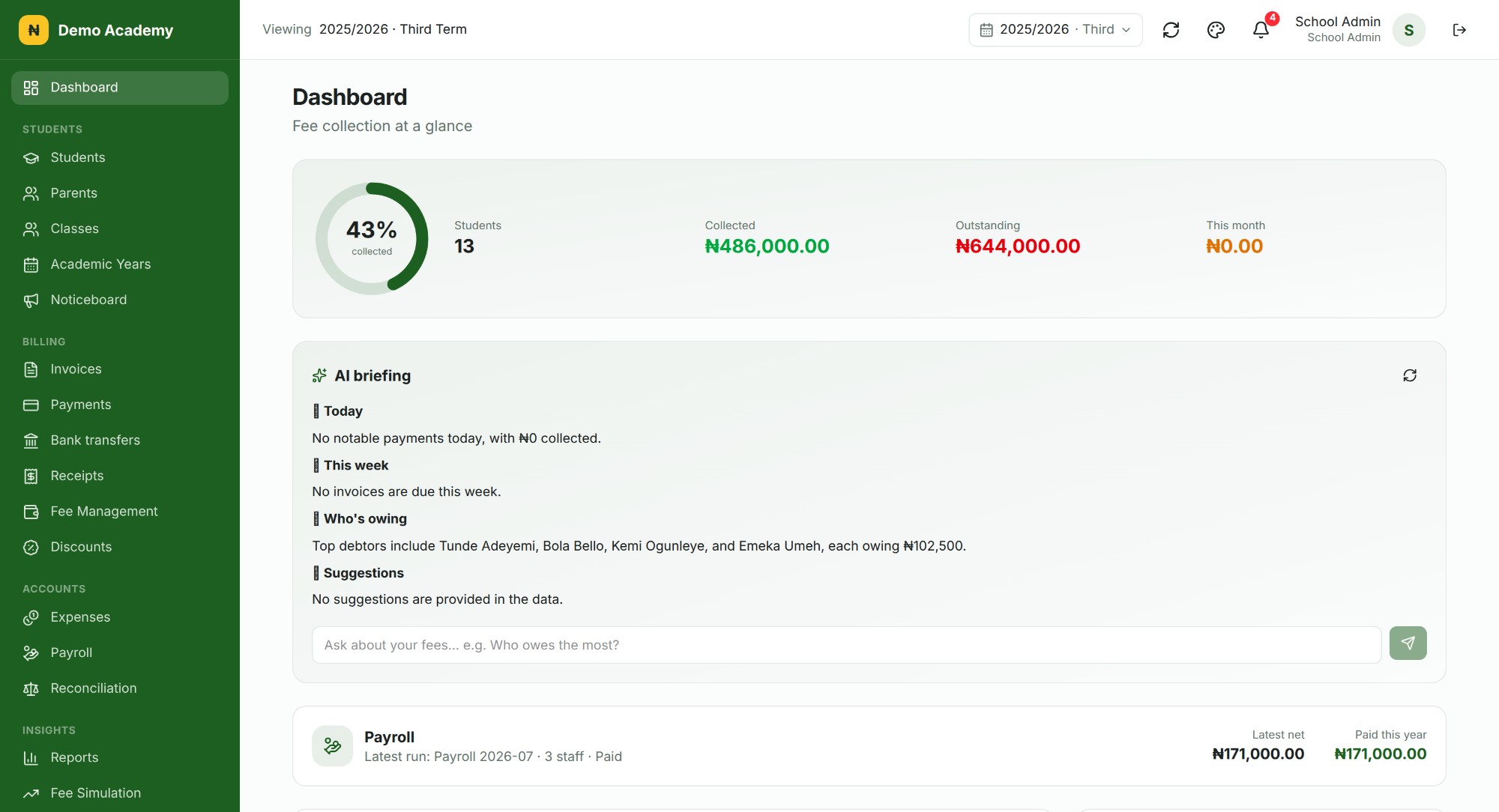 The SmartFee dashboard showing collection rate, collected and outstanding fees