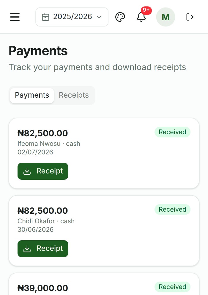 Payment history and receipts on a phone