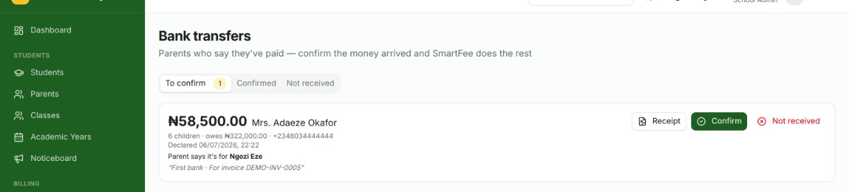 Bank transfer confirmations